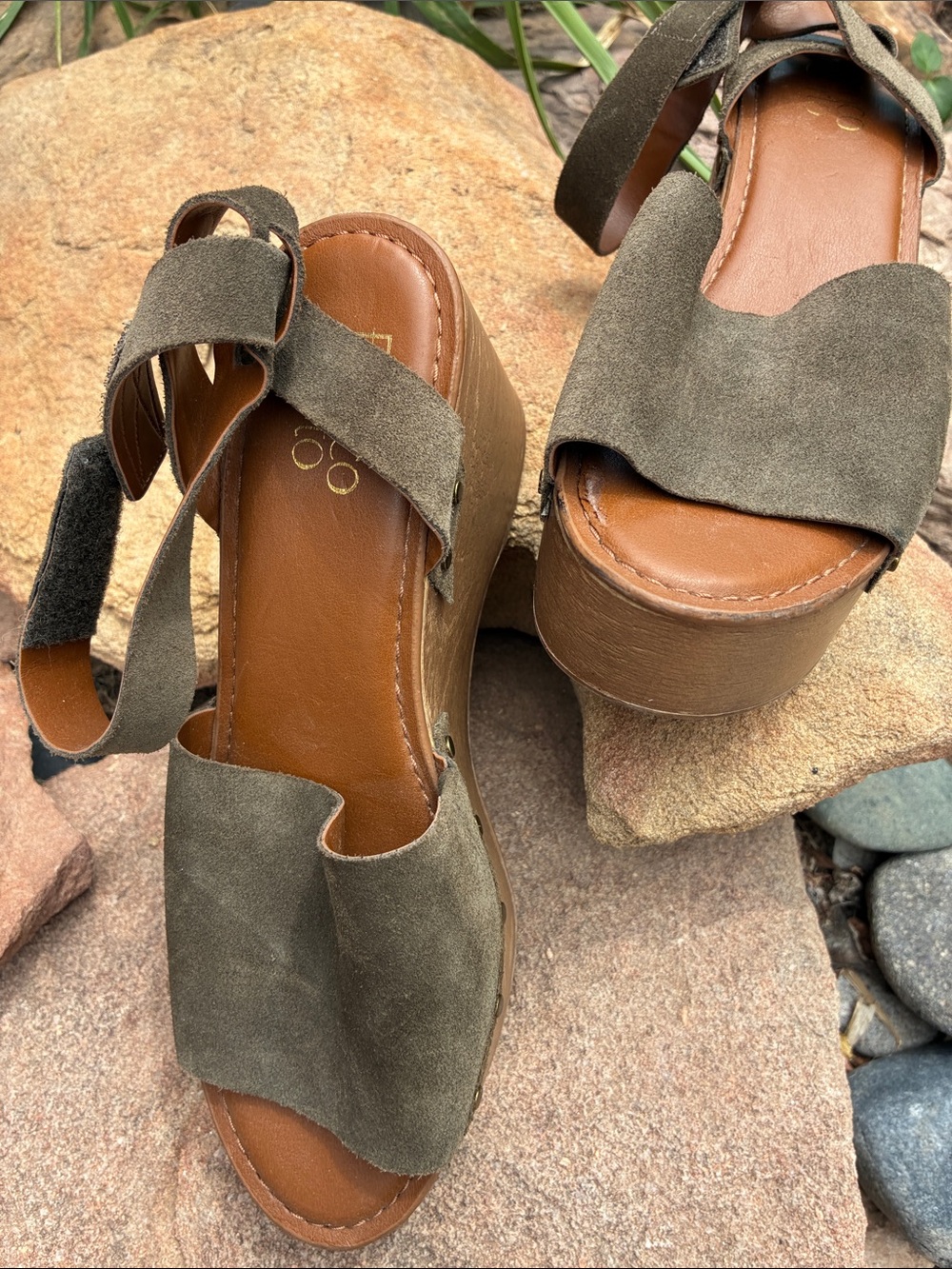 Franco Sarto Olive Suede Platform Sandals with Brown Footbed